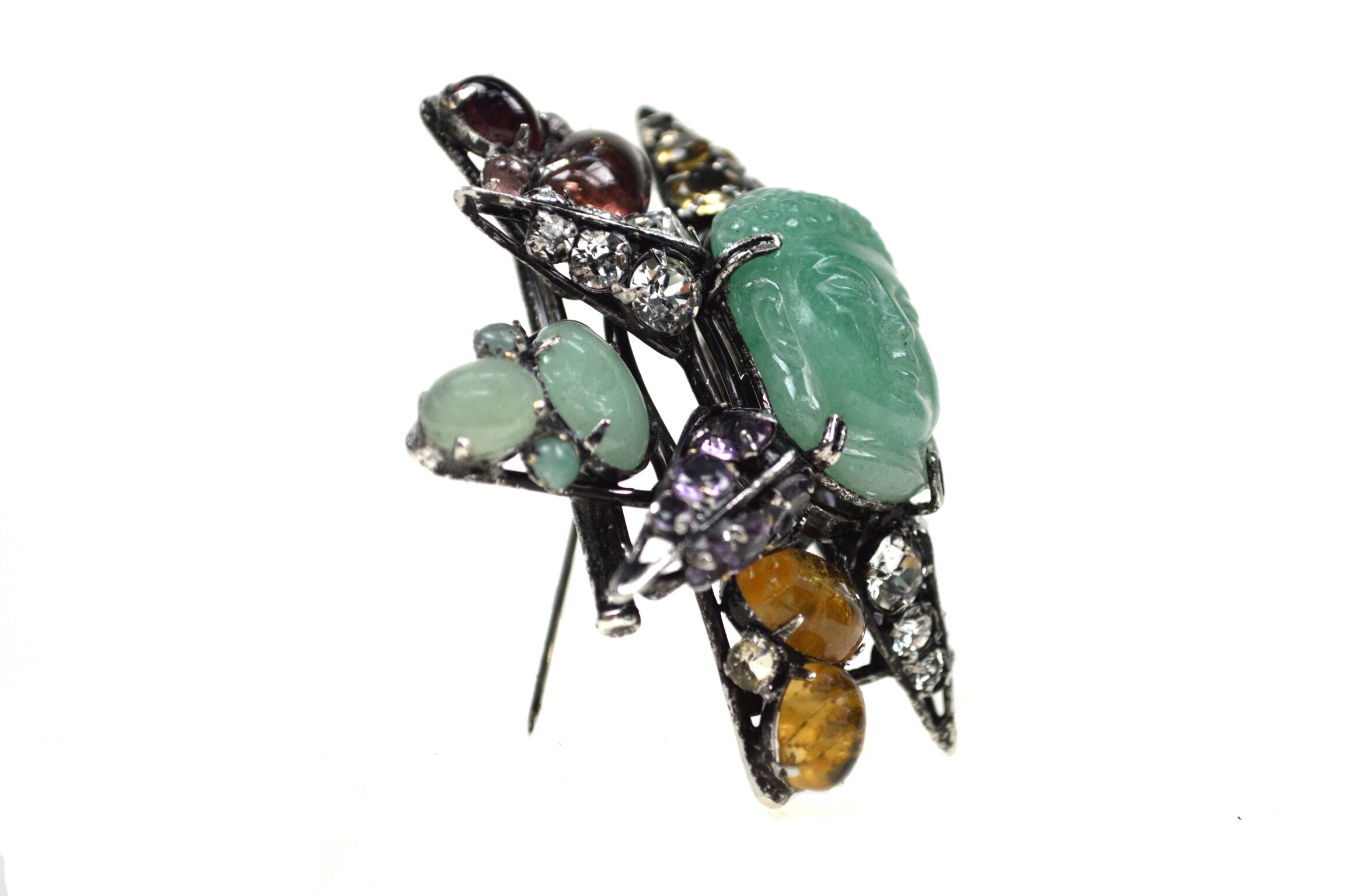 bracelet-cuff-pin-brooch-Buddha-statement-costume-iradj-moini-jewelry-aquamarine-coral-star-emerald-amethyst-carnelian-vintage-crystal-Swarovski