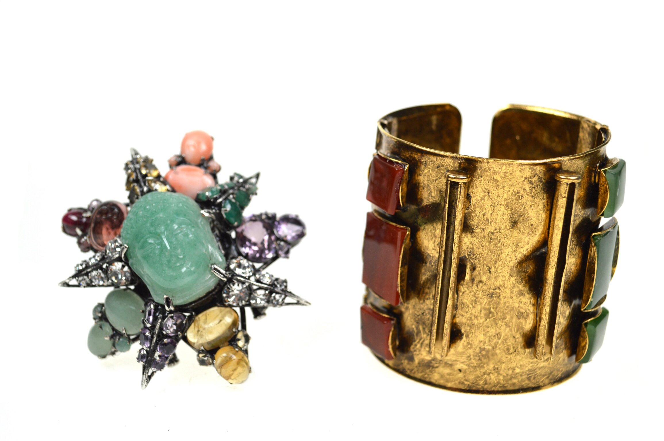 bracelet-cuff-pin-brooch-Buddha-statement-costume-iradj-moini-jewelry-aquamarine-coral-star-emerald-amethyst-carnelian-vintage-crystal-Swarovski