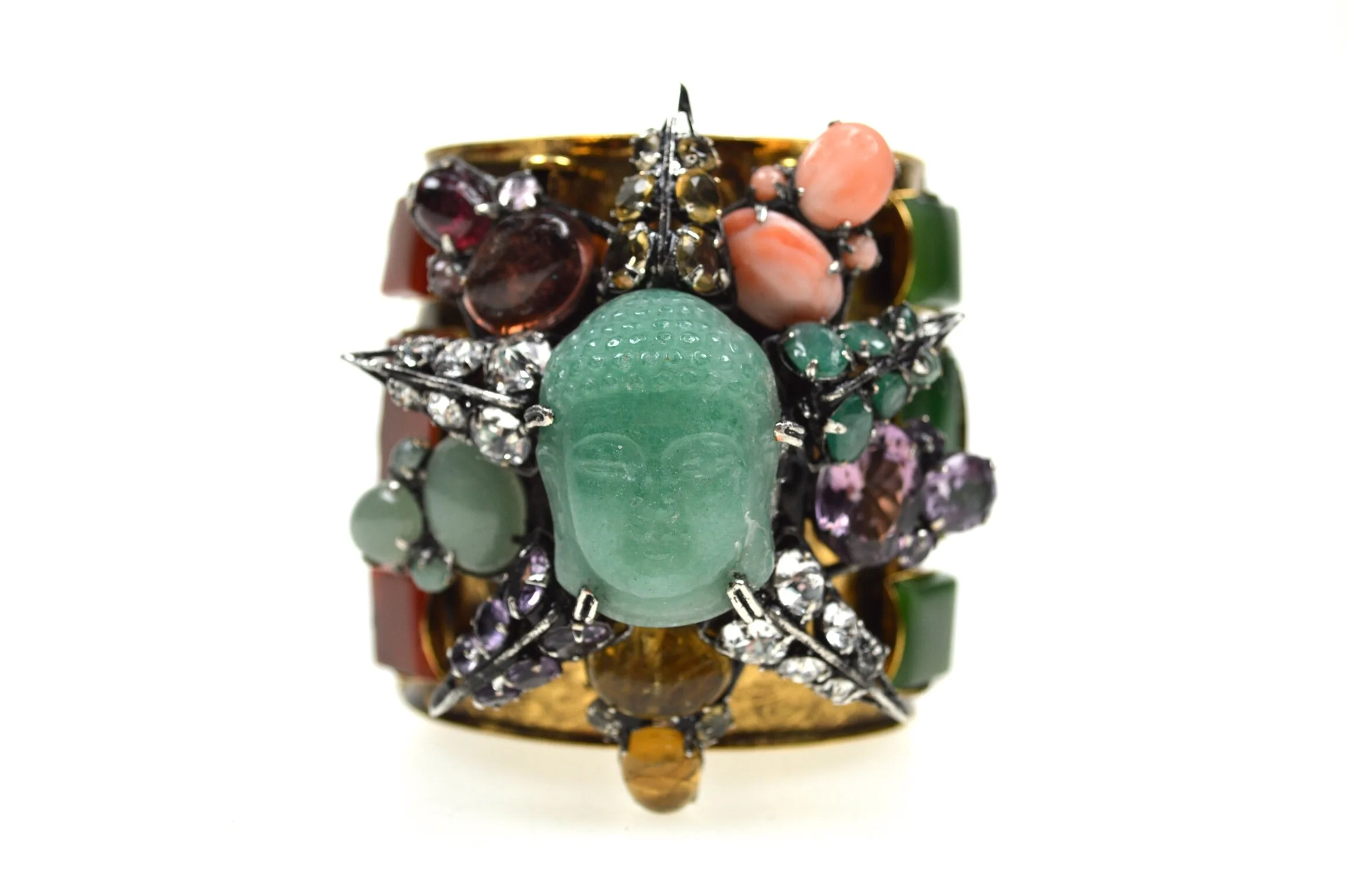 Aquamarine and Coral Buddha Star Cuff with Pin (CFBUD-14C)