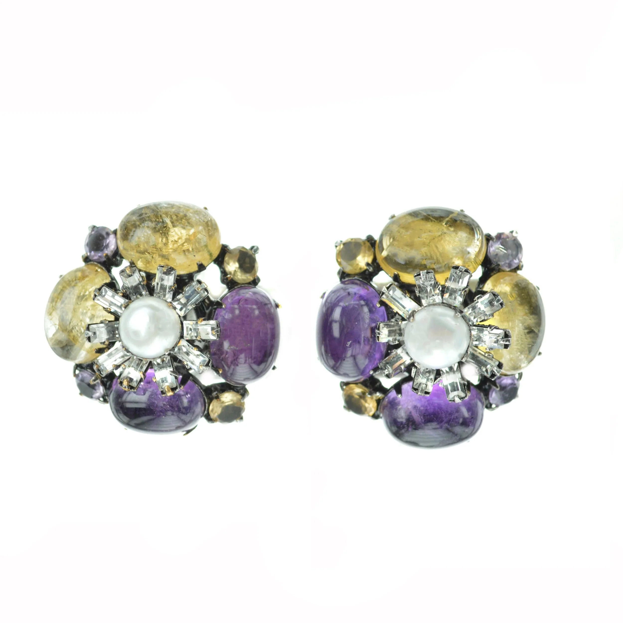 clip-stud-earrings-iradj-moini-statement-jewelry-costume-pearl-amethyst-citrine-crystal-Swarovski