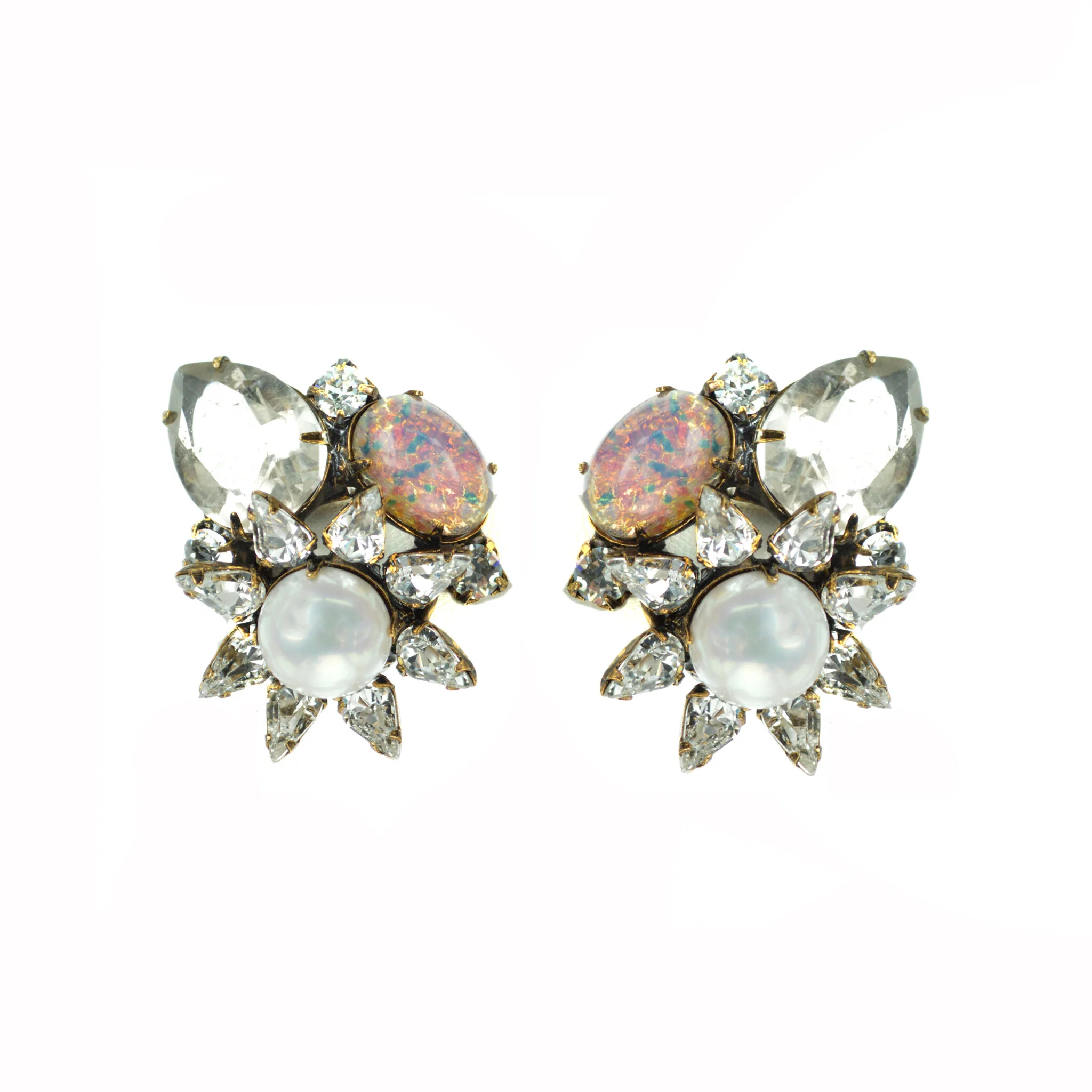 clip-stud-earrings-iradj-moini-statement-jewelry-costume-paisley-opal-pearl-quartz-crystal-vintage-Swarovski