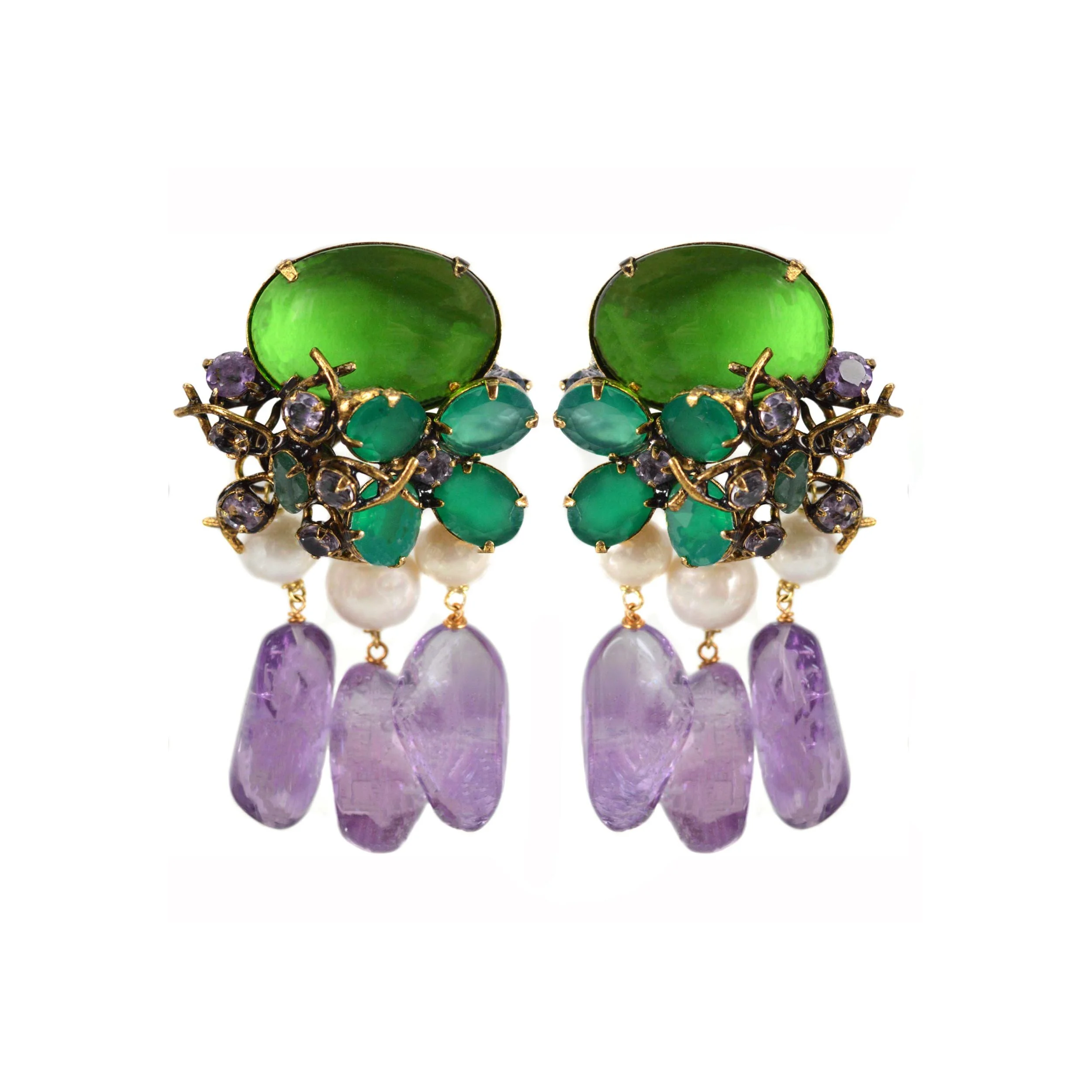 Green Agate, Pearl and Amethyst Drops (ED2F-5A)