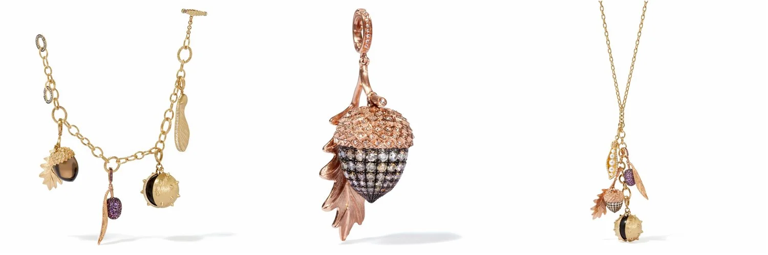 L-R: Annoushka 18ct Gold Mythology Seeds Charm Bracelet, Annoushka 18ct Rose Gold & Diamond Mythology Acorn Charm and Annoushka 18ct Rose Gold & Diamond Mythology Acorn Charm