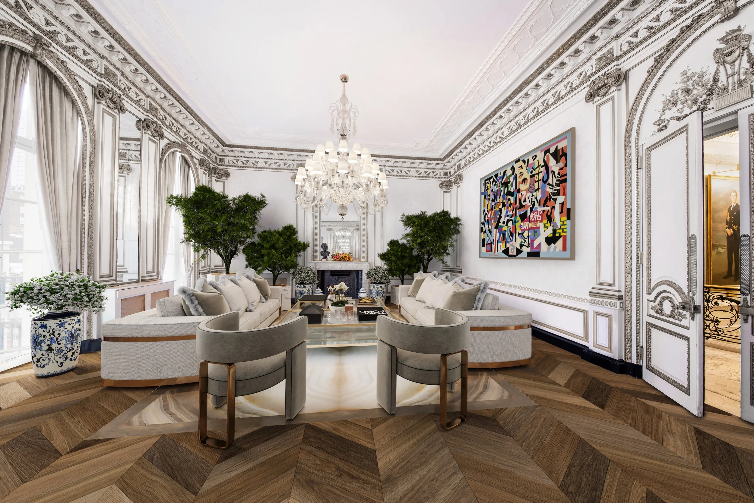 38 Hill Street, Louis XVI salon, as grand double reception room. Credit: Casa E Progetti