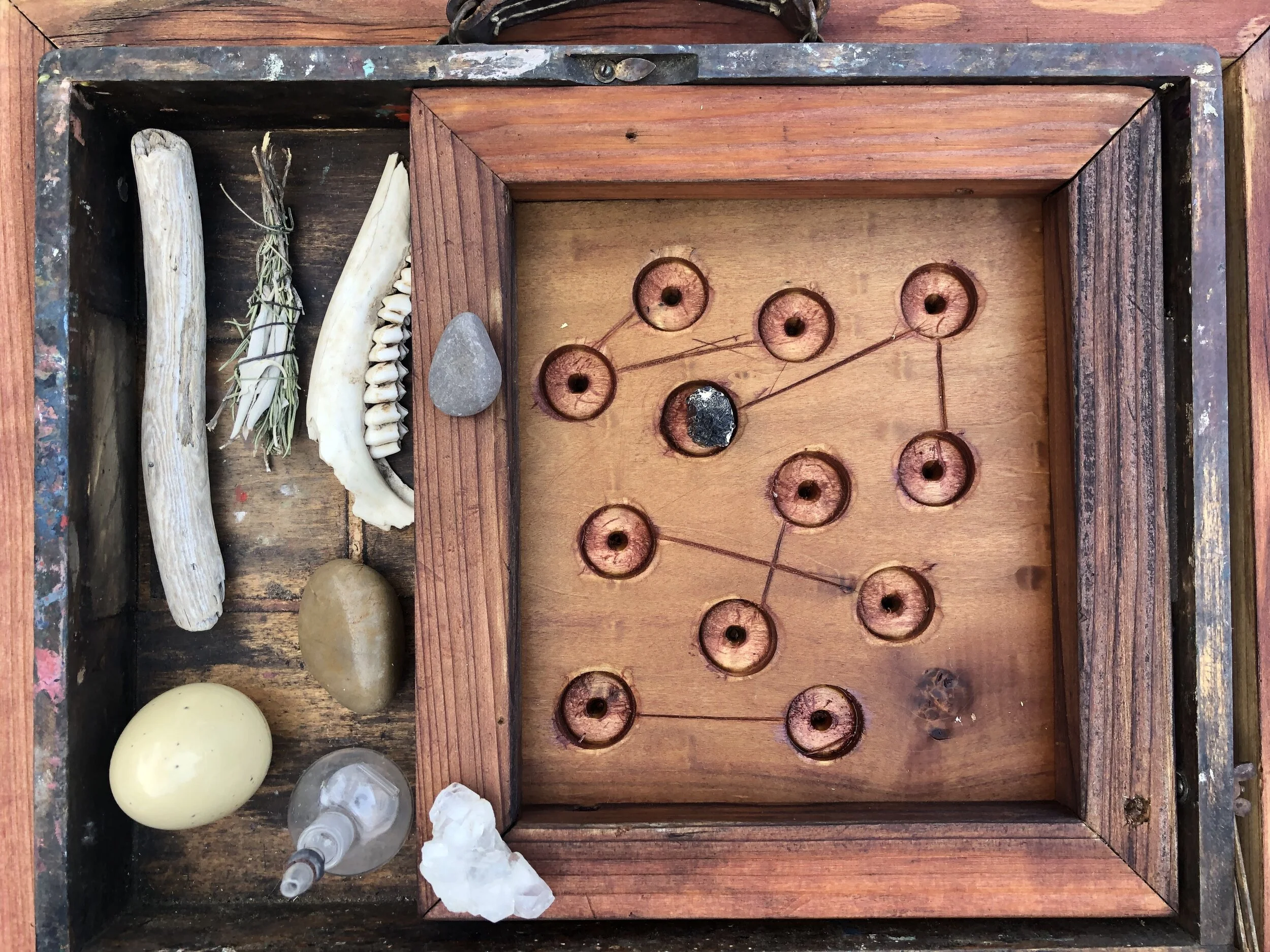  The Oraclebird cart was built entirely from reused and recycled materials, including leftover lumber from previous projects, redwood from my deck remodel, an old art case that used to belong to my spouse’s grandmother, and two berry picking crates. 