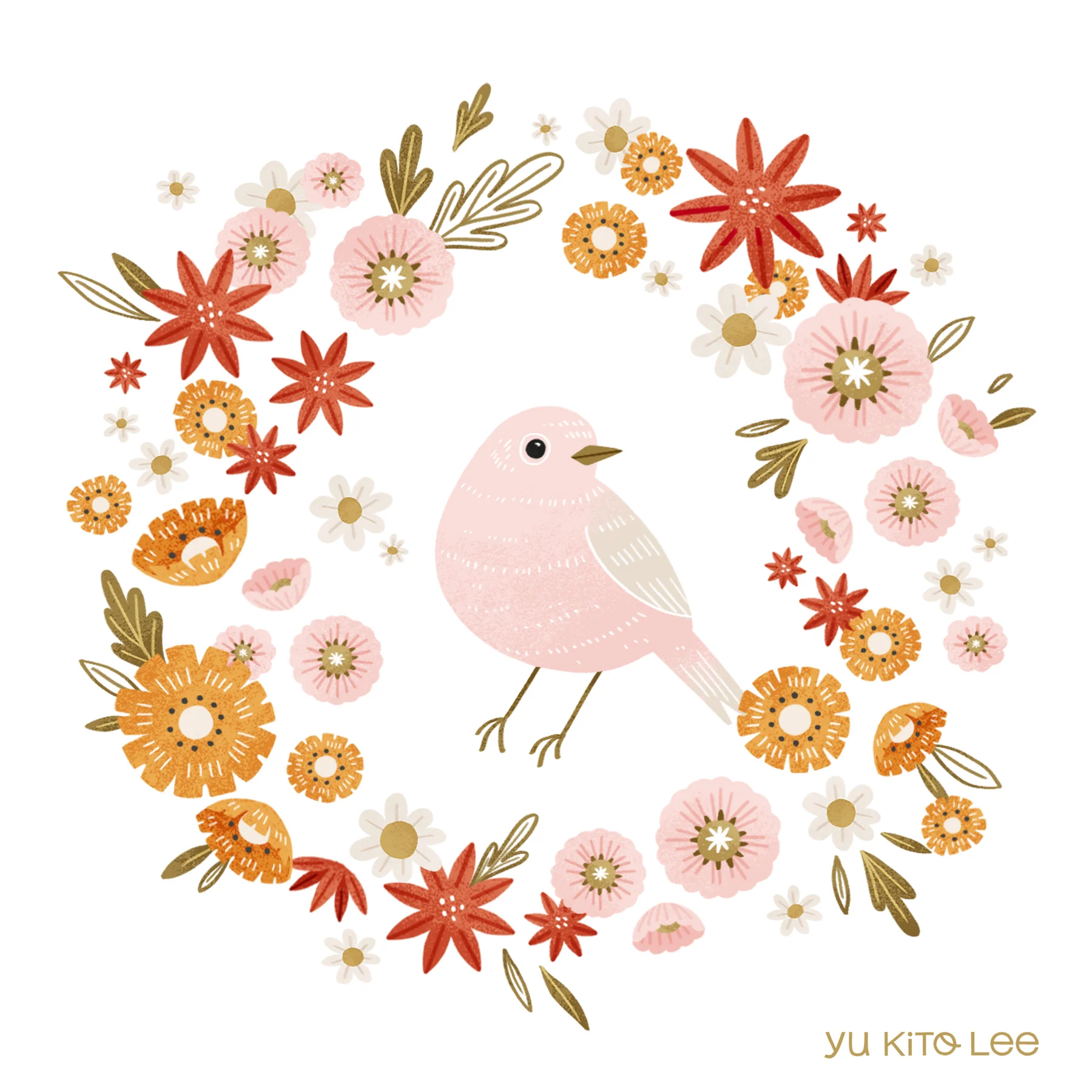 Pink Bird and flowers
