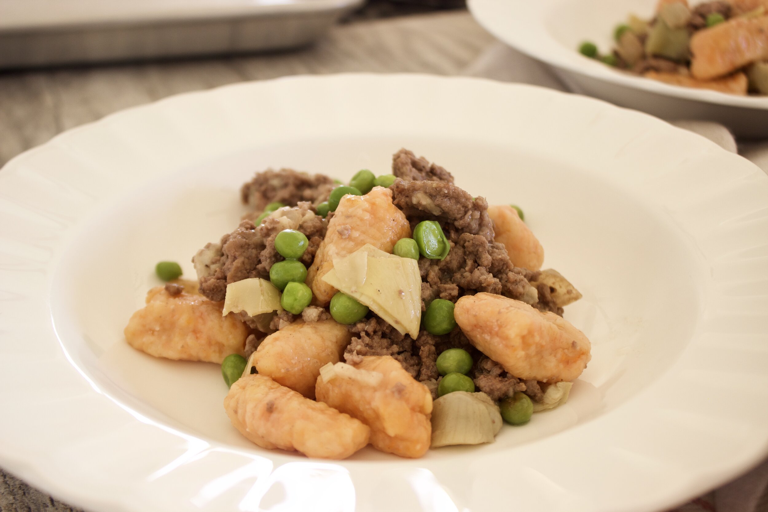 Sweet Potato Gnocchi with English Peas &amp; Ground Beef