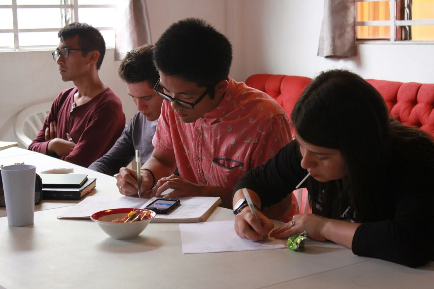 Jeff(left with glasses) and Taishi(right with glasses) with their guests during the 2 day Divine Principle workshop.