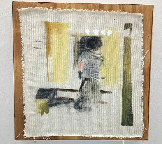 She Didn't See Me in the Bathroom Mirror , acrylic and charcoal painted on raw canvas, pasted on stained panel, 16" x 16"