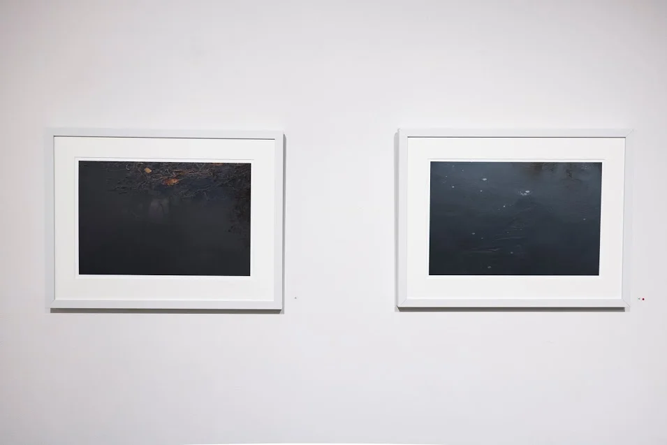 Nancy Fewkes, Site A, Spring Lake, 11.15 and Site A, Spring Lake, 1.17 , archival digital ink jet print. The image on the left depicts dark water with a greenish tint, marked by orange streaks toward the top. In the image on the right, the water is navy blue.Image courtesy of Lucas Stiegman.