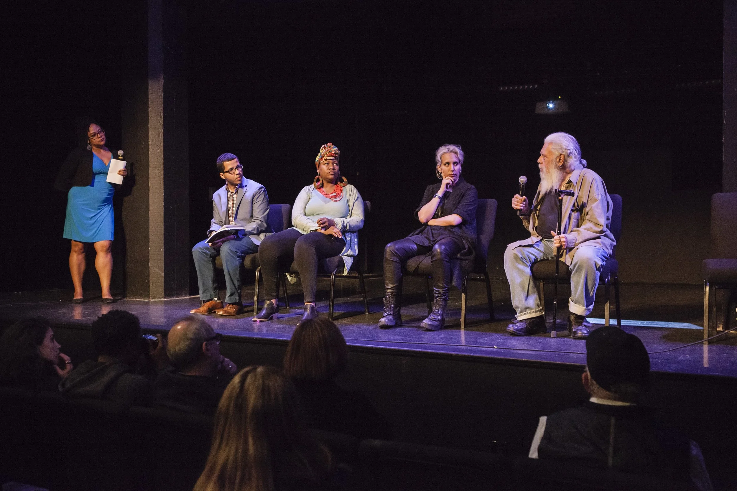 Group conversation during “The Autumnal City: Conversations with Samuel R. Delany,” presented as a part of Dwell In Other Futures: Art / Urbanism / Midwest. .ZACK, St. Louis. April 27, 2018. From left to right: Rebecca Wanzo, Terrance Wooten, Treasure Shields Redmond, Sophia Al-Maria, Samuel R. Delany. Photo by David Johnson