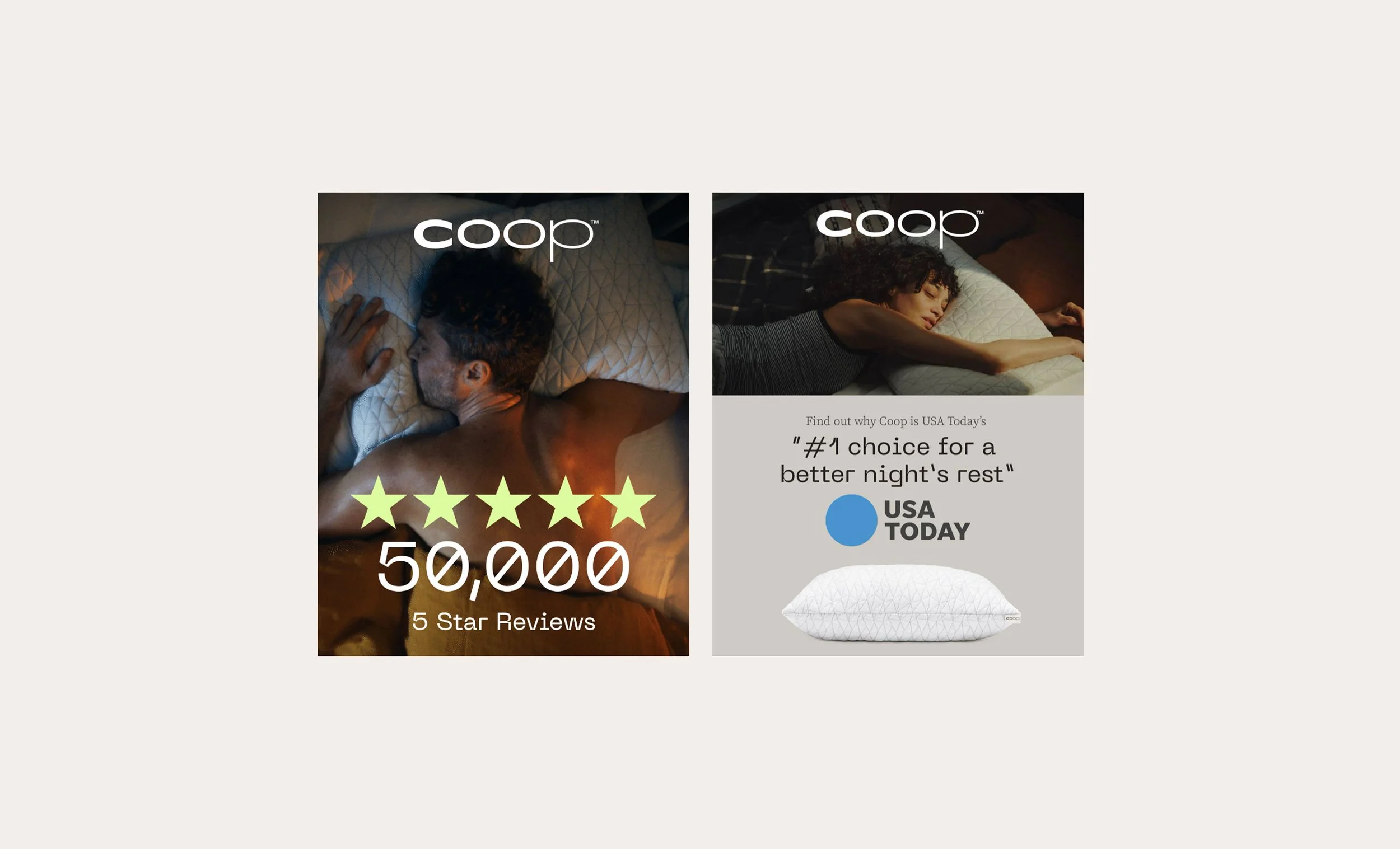 Two advertisements for Coop pillows. The left ad features a man sleeping with high ratings of five stars and over 50,000 five-star reviews. The right ad shows a woman sleeping and highlights Coop as USA Today's #1 choice for better night's rest, including an image of a white pillow.