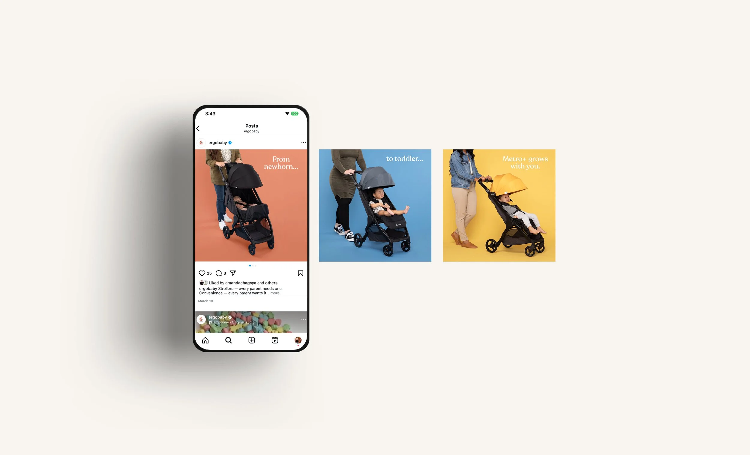 A digital image shows three side-by-side photos of a stroller with a child, each with different background colors and captions. The first caption reads "From newborn...", the second "to toddler...", and the third "Metro+ grows with you." The stroller is black with a large canopy, and the child is seated comfortably in each image.