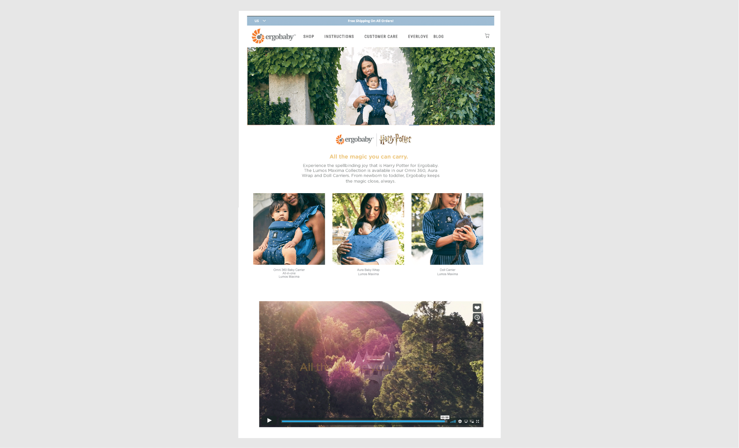 Screenshot of an Ergobaby product webpage featuring baby carriers and wraps. Includes images of women using the carriers with babies, and a scenic video thumbnail of a forested landscape.