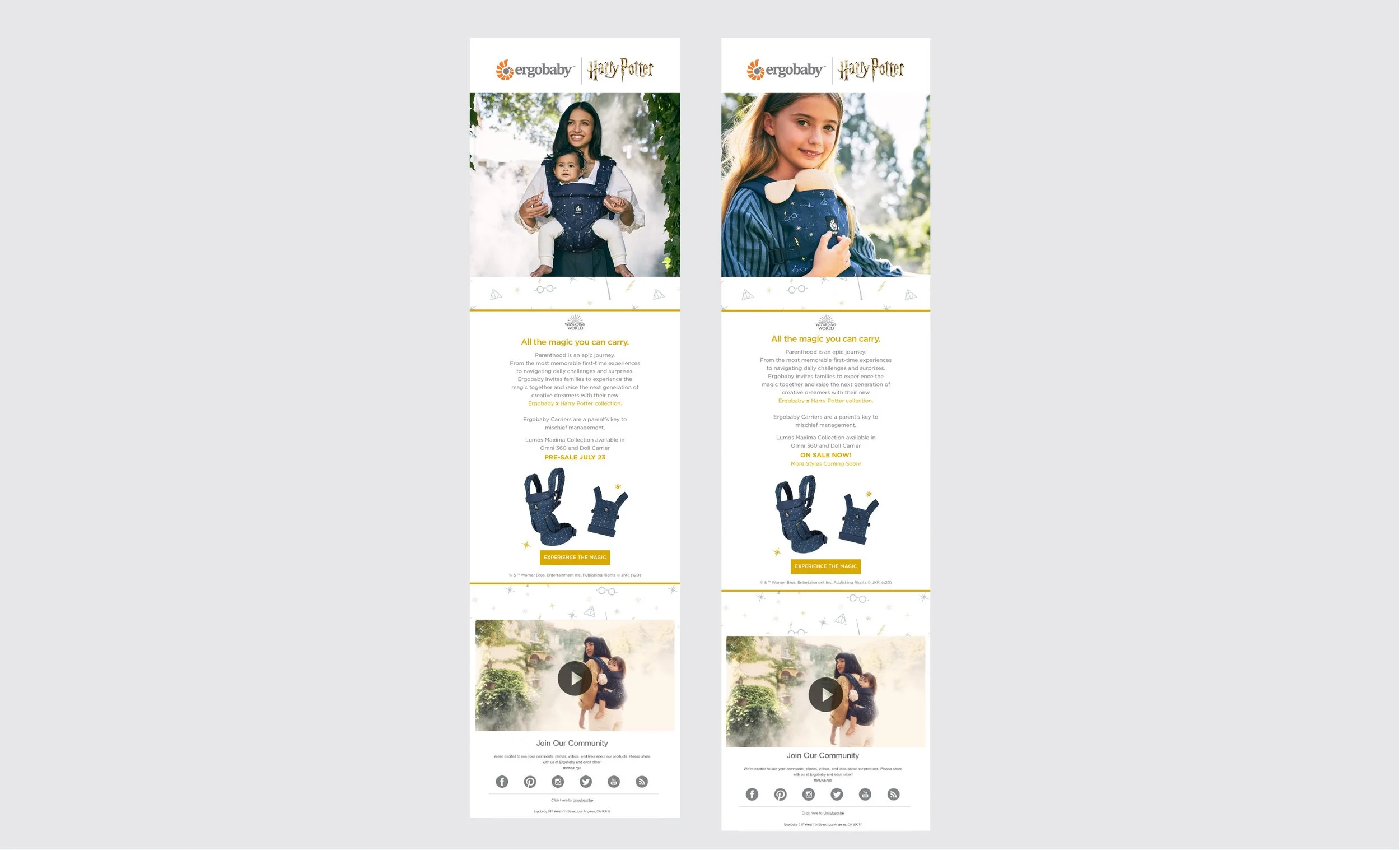 Two similar promotional flyers for Ergobaby's Harry Potter collection, featuring images of children using the carriers, product images, and social media icons.