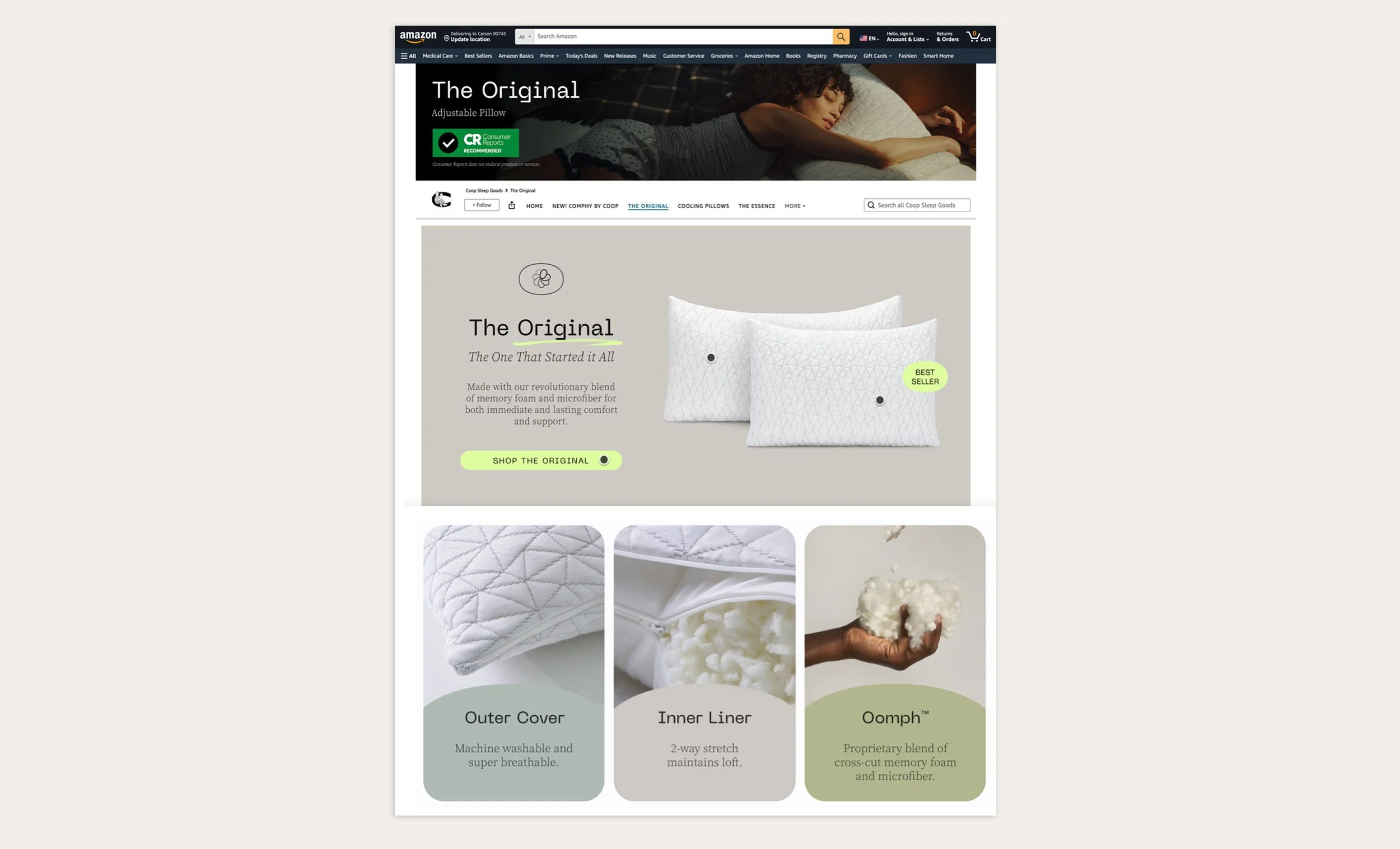 Screenshot of an Amazon webpage featuring the Original adjustable pillow, with images of pillow components and description.