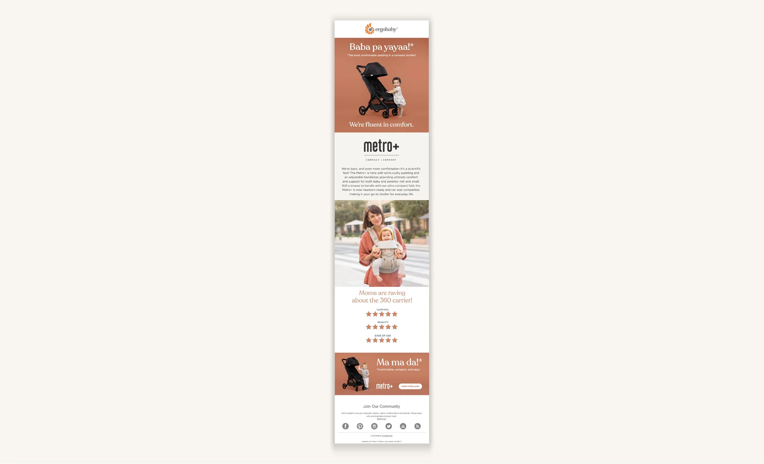 A vertical advertisement flyer for Metro+ baby strollers featuring a child in a stroller at the top, a woman with a child in a carrier in the middle, and information about the product's comfort, quality, and ease of use at the bottom with social media icons.