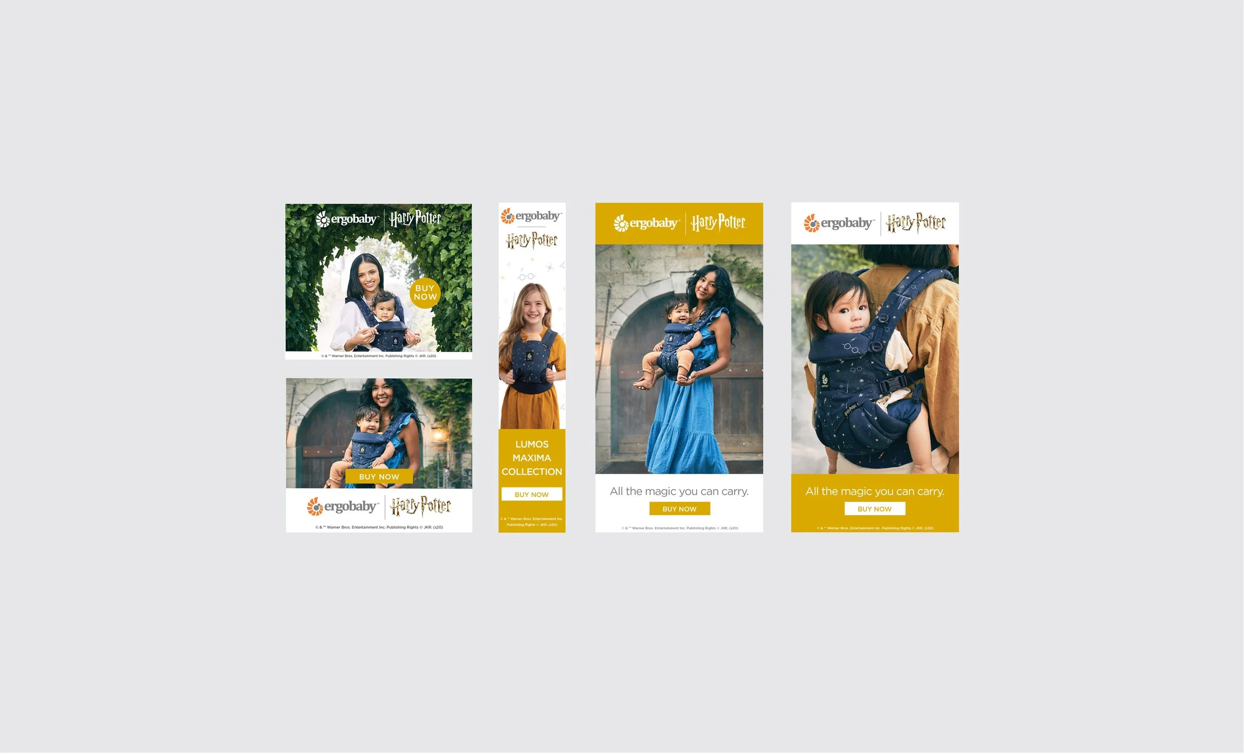 Advertisement featuring a woman and child using ergonomic baby carriers from the Harry Potter collection by Ergobaby, with varying backgrounds and poster designs highlighting product features.