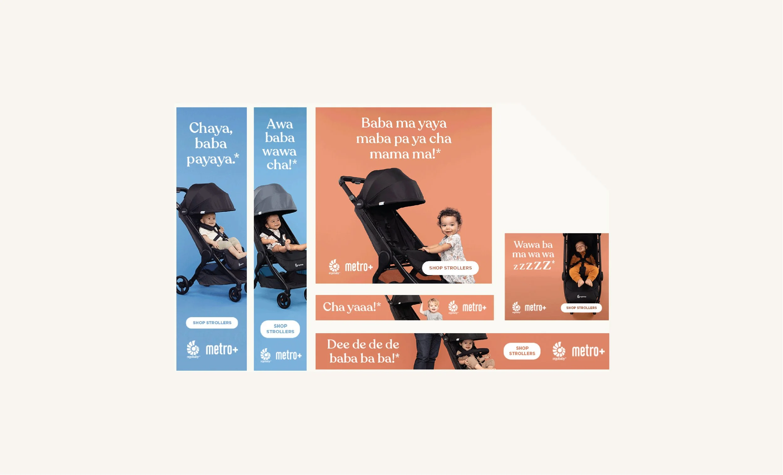 Advertisement showcasing various strollers with children and text in local language, featuring a predominantly peach and blue color scheme, and including logo of Metro+.