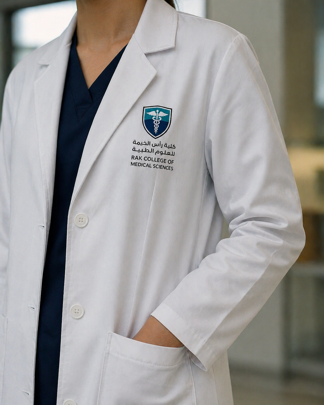 High quality doctor's jacket made in Dubai, UAE. Custom uniforms made for doctors in the GCC.