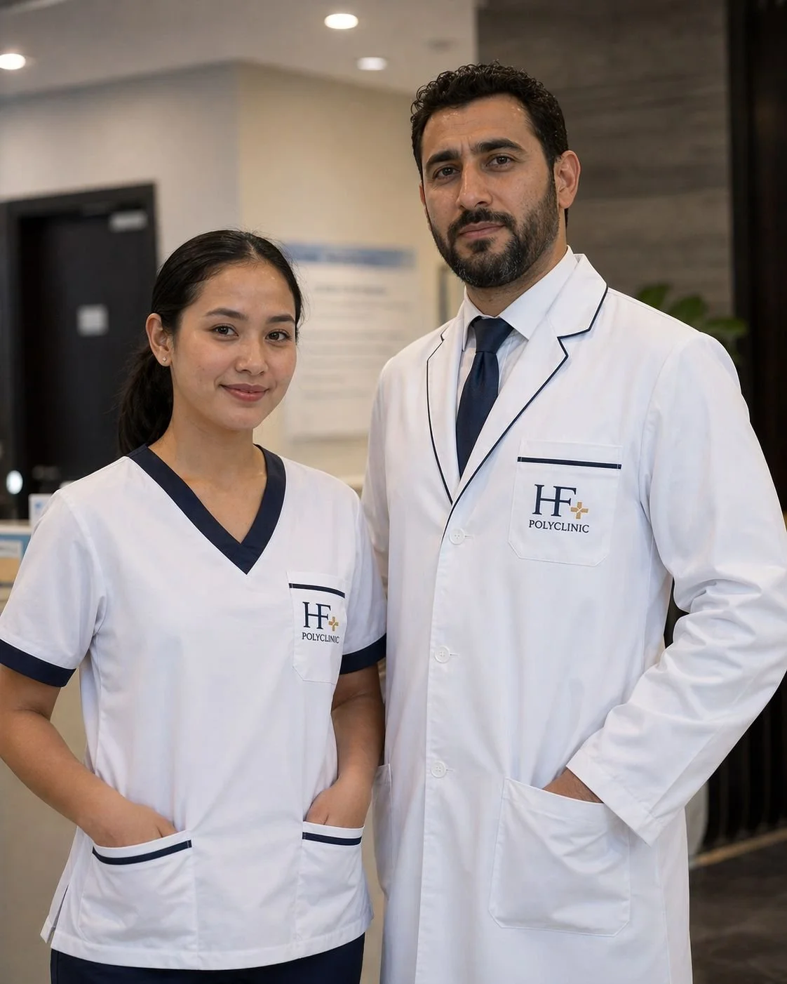 Scrub suits and lab coats by Arto Uniforms, made in Dubai, UAE healthcare uniforms