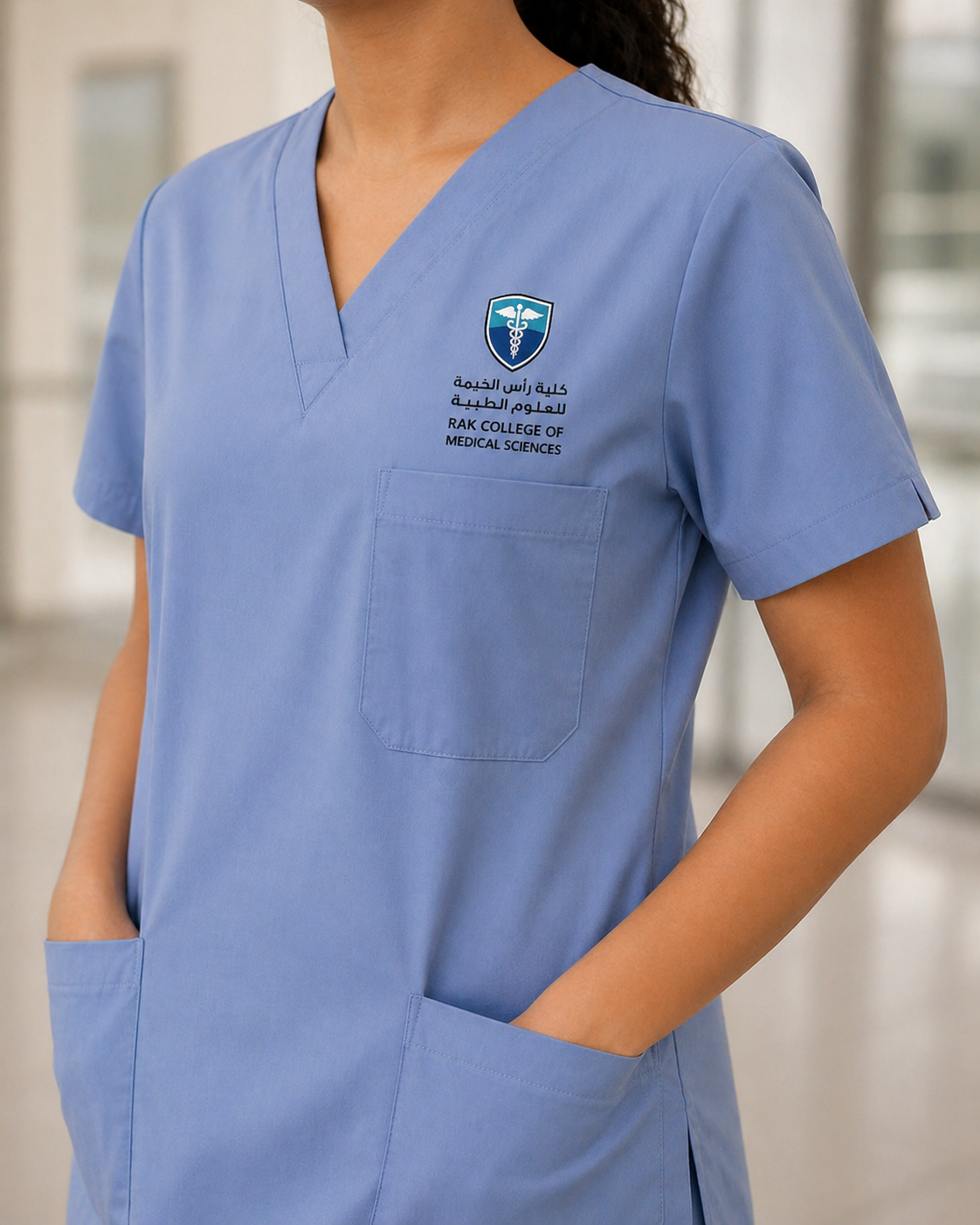 Custom scrub suits made for hospital in the UAE. Uniforms produced in Dubai for healthcare clinics and hospitals. Branded scrub suit with personalization.