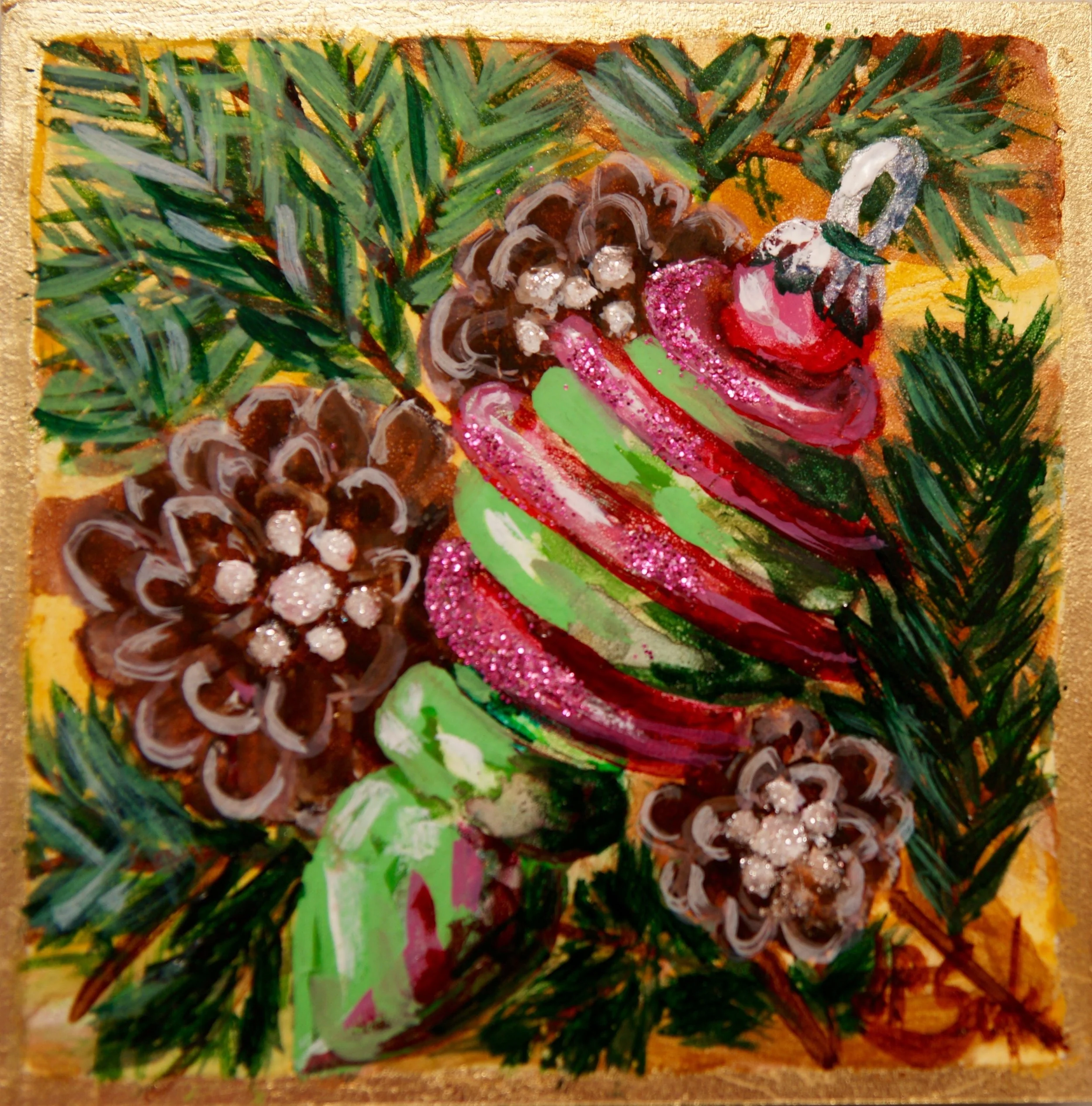 My Three Pine Cones, Watercolor & Gold Leaf, 5x5, $195