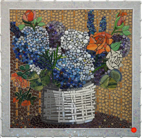 Hydrangeas in Basket, Mosaic, 20x20, SOLD