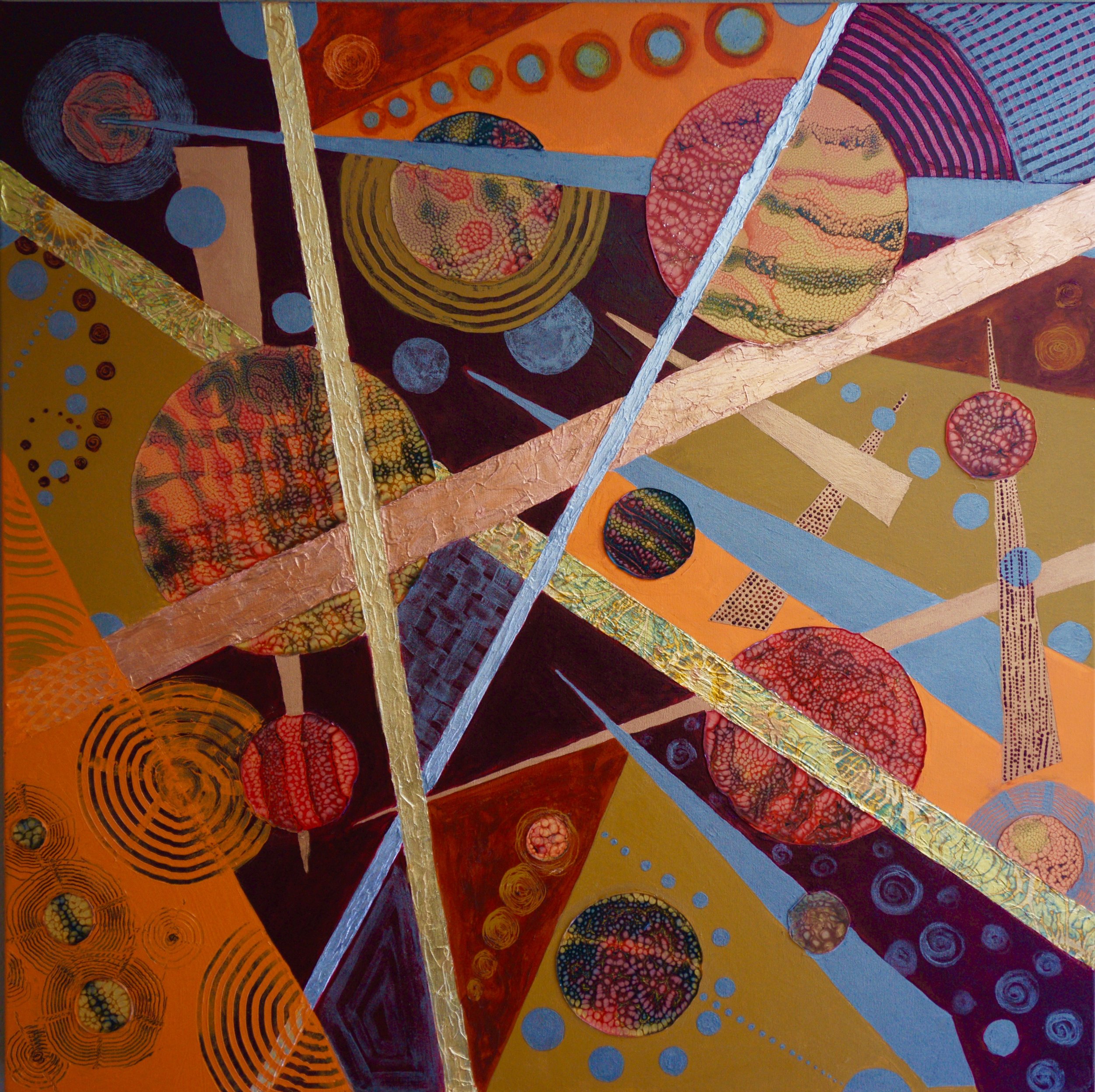 Orbs & Daggers, Hyperspace, Acrylic/Gold & Copper Foil/Pebeo Prisme, 36x36, NFS