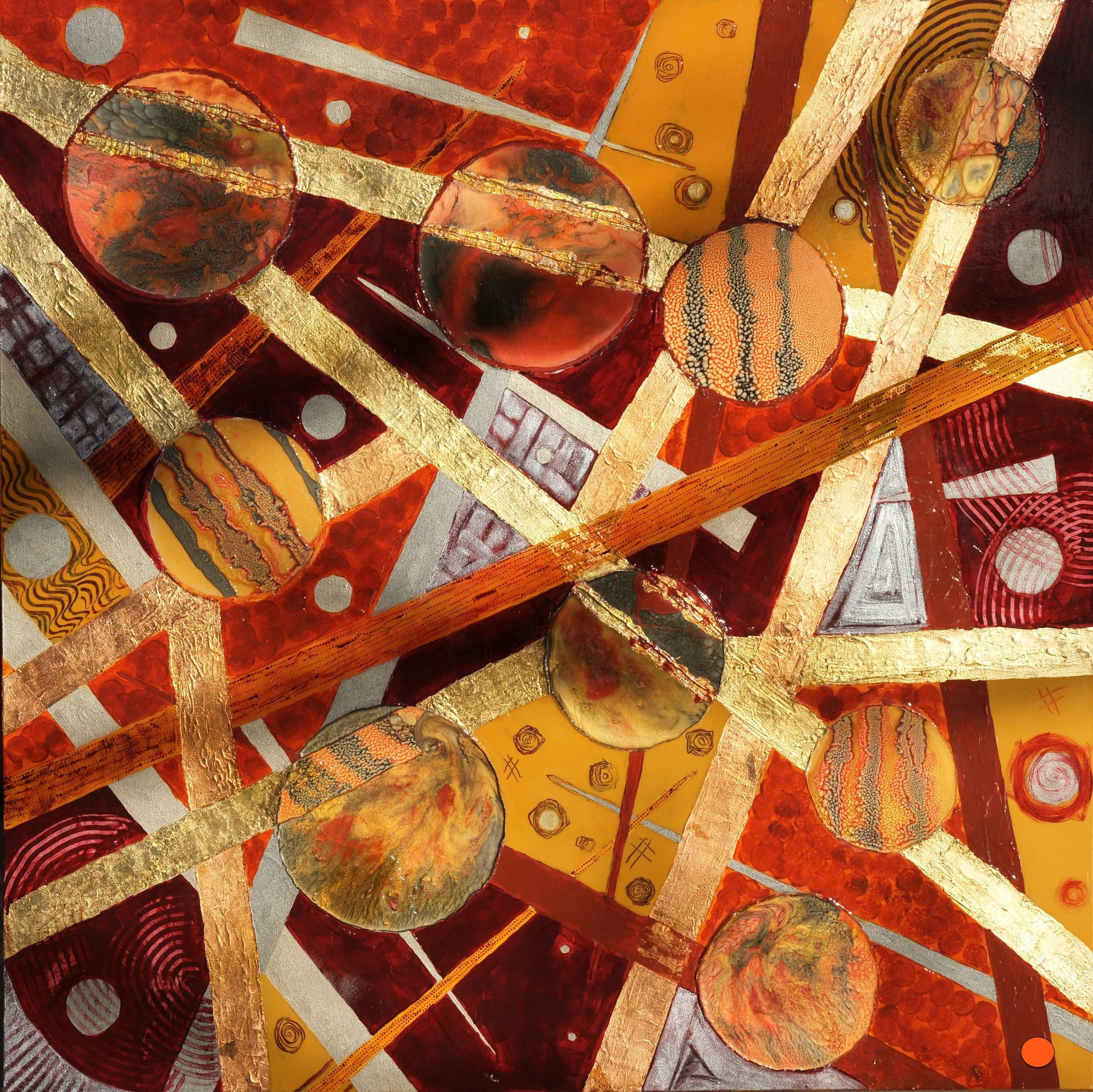 Orbs & Daggers, Acrylic, Gold & Silver Leaf, Pismo, 48Hx48W, SOLD