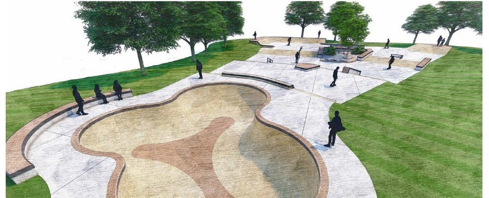 Concept rendering of the skatepark bowl with seating along the edge