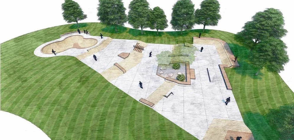 Concept rendering of the Oak Cliff Skatepark, overall park view