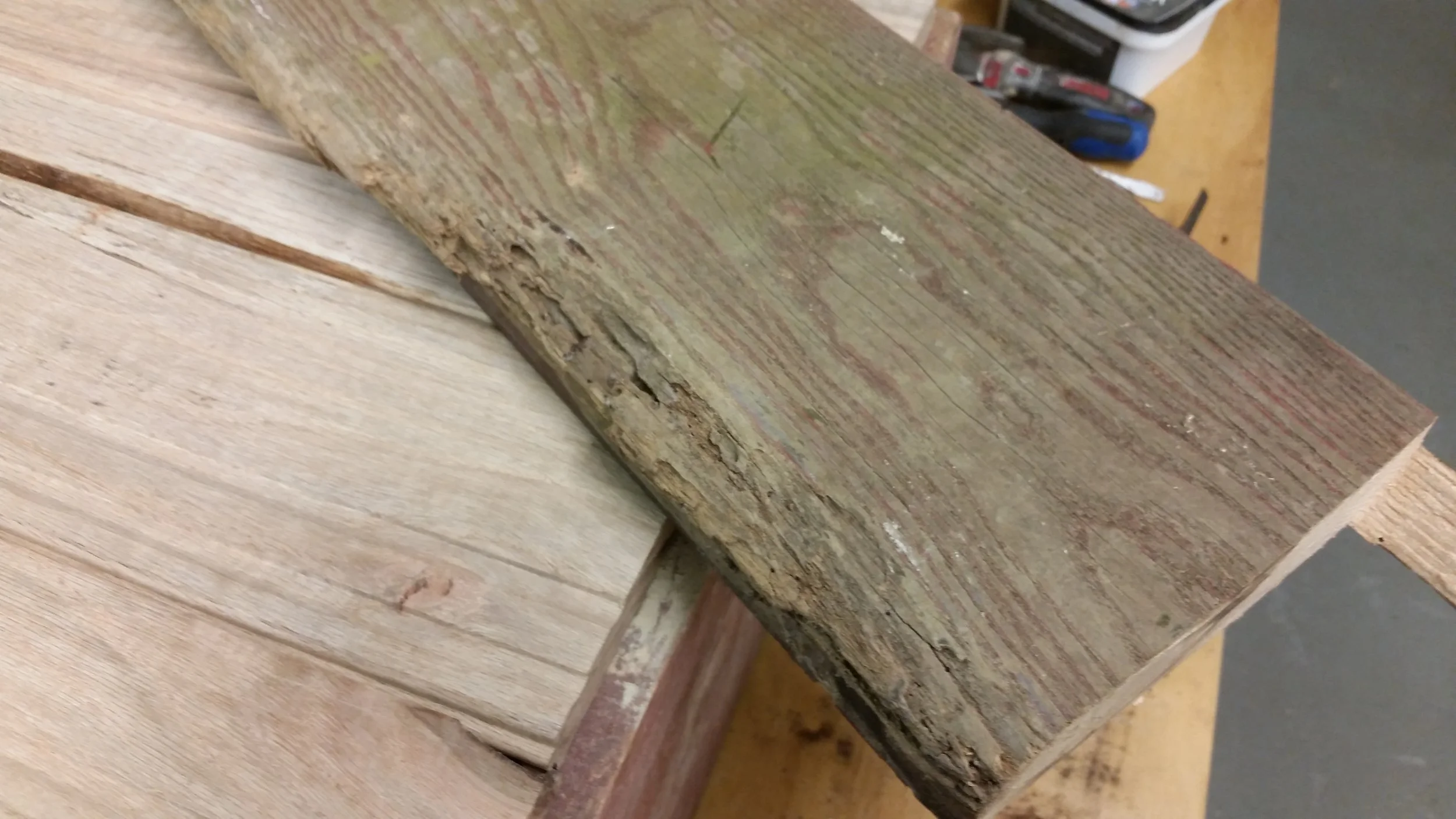 Solid oak boards that make up the frame of the scale held up well, but the thinner floor boards had to be replaced