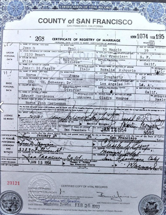Joe Di Maggio and Marilyn Monroe’s Marriage Certificate (including license information)