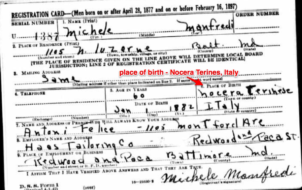 Michael Manfredi World War II Draft Registration Card, front
