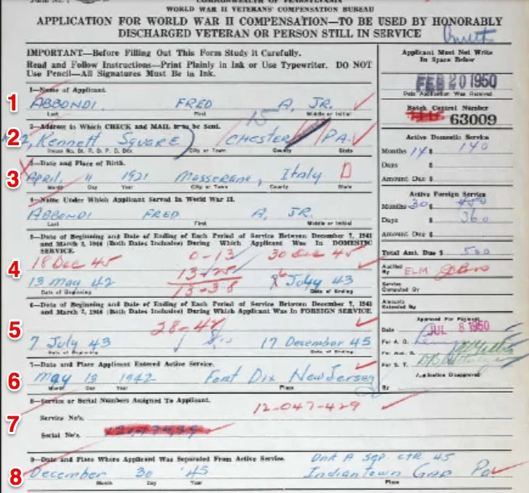 Service Record, Pennsylvania Application for WW II Compensation