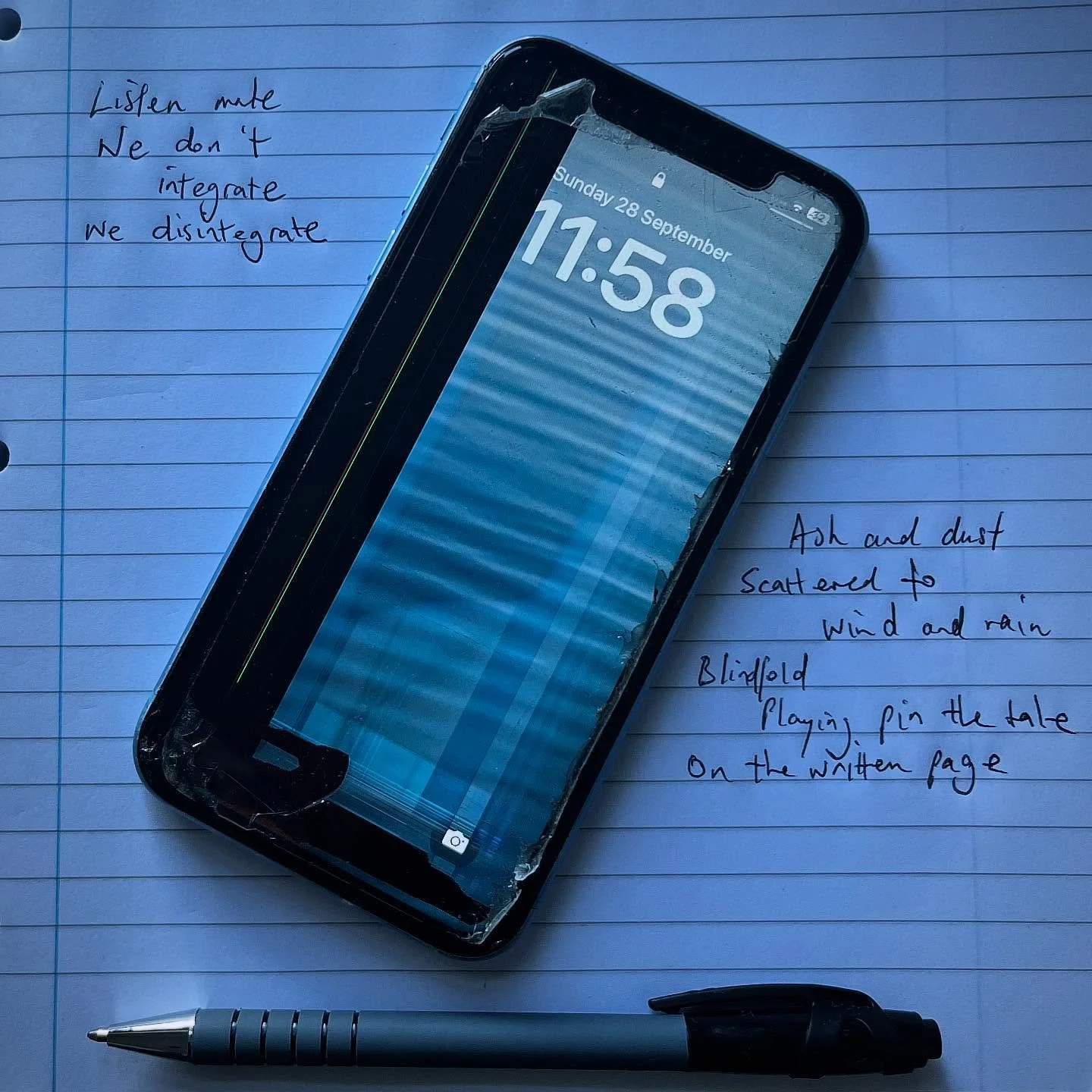 Listen mate
We don&rsquo;t integrate
We disintegrate
Ash and dust
Scattered to wind and rain
Blindfold
Playing pin the tale
On the written page