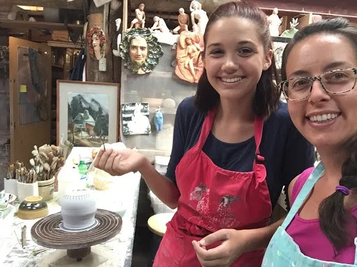 Charis and Kristin enjoying a pottery class generously donated by Amanda Sedgwick-Maule and Quyle Kilns in Murphys, CA.