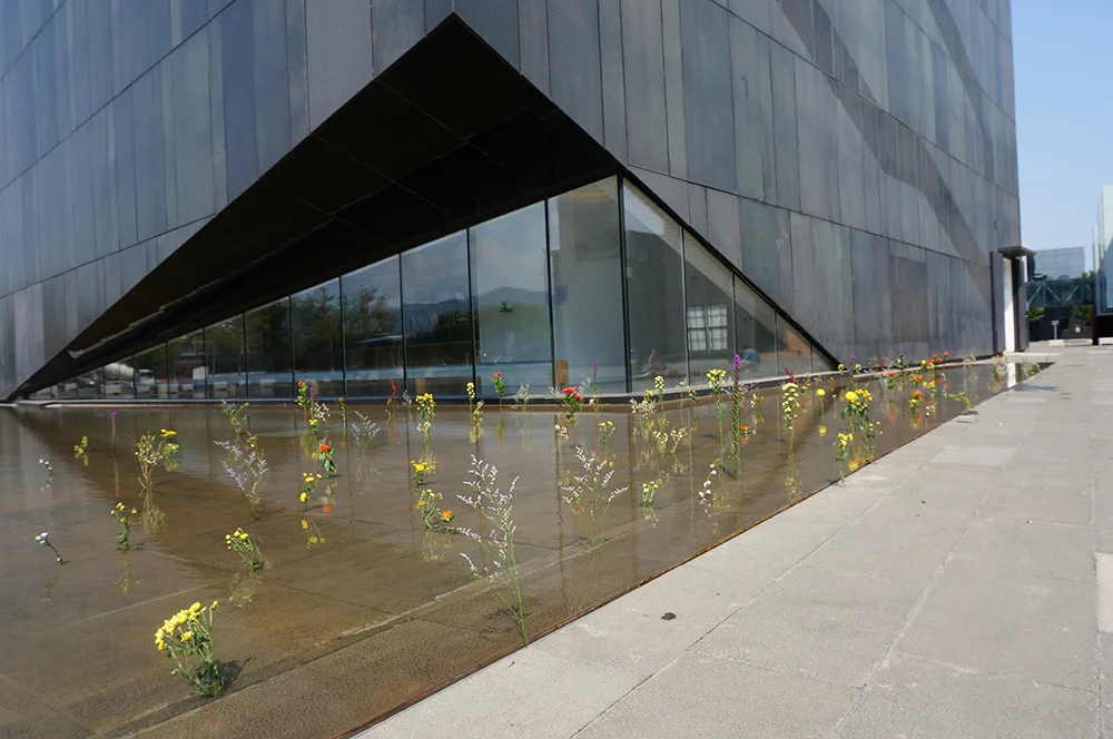 Crevice Bouquet , 2014, 300 Flowers, Installation at Inside Out Museum, Beijing For Crevice Bouquet, 3 00 flowers were placed in the spaces between slabs of stone around the grounds of a barren Neo-Brutalist museum which was located where family farm plots used to be. 