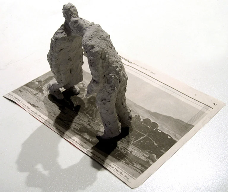 My Falluja (Leaning) , 2006, Paper, Plaster, Wire, Newspaper, 4'' x 6'' x 3''