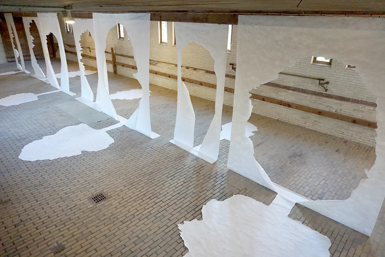 Slip, Shift, or Spill , 2017, Tyvek This installation developed out of a residency at Shelburne Farms, Vermont. For Burlington City Art's exhibition on the theme of water and the land, I played with ideas of material displacement - a major consequence of watershed. From sheets of Tyvek hanging down in the center of the space, cut out forms of trees spilled onto the ground now appearing like liquid. Drawn from the over 100 year old trees placed like markers around Shelburne Farms, the cut out forms left different empty spaces that appeared like unreal portals and burst-through holes.