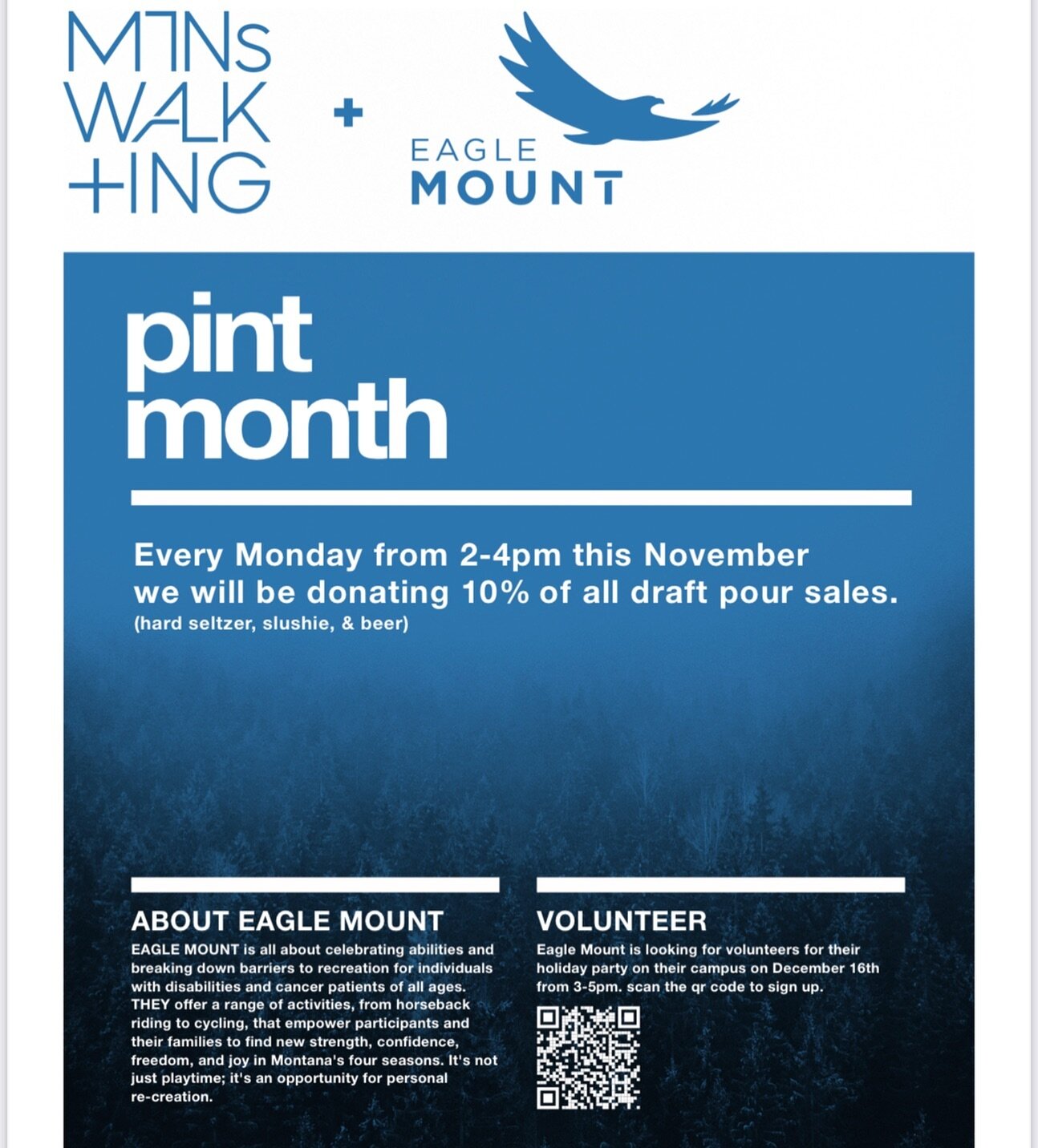 All month from 2-4pm on Mondays, please join us in supporting @eaglemountbozeman 

They are also very much in need of volunteers. Please sign up through the link on their page or scan the QR code on one of our posters around town/in the taproom. 

Pl