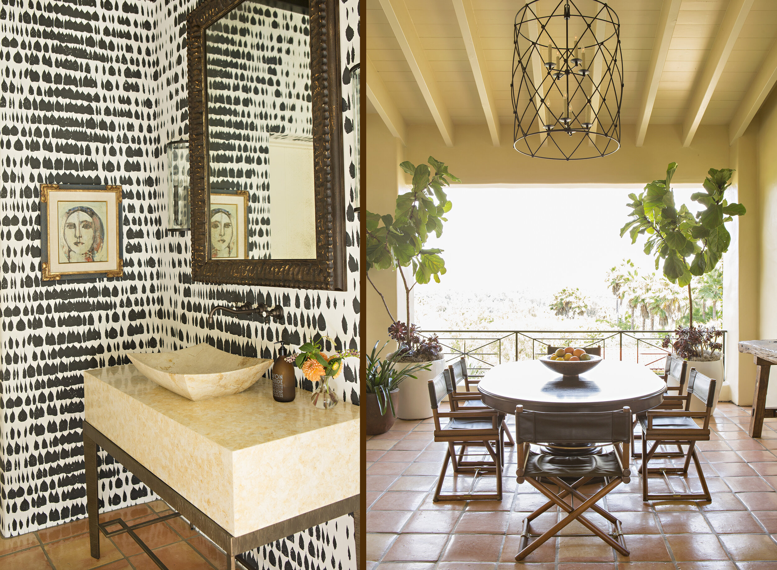  Vintage McGuire chairs surround a table from Dos Galios on the veranda. Custom lanterns from Gearhart Ironwerks. 