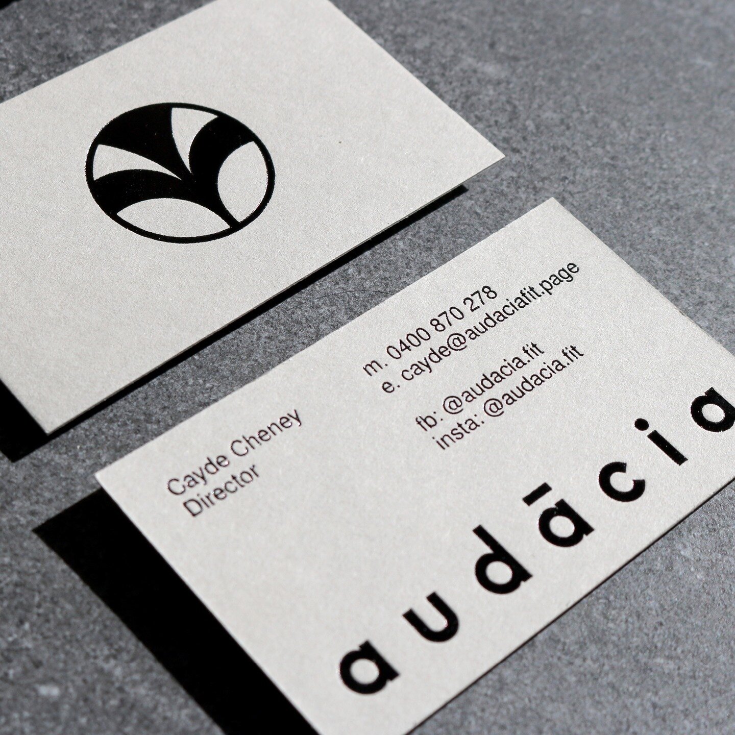 Clean and bold but natural business cards for @audacia.fit⁠
Grey textured card with gloss black foil. Whats not to love?⁠
.⁠
.⁠
.⁠
Photography: @another_studio_ / @mariemacg⁠
Print Production: @stitch_press⁠
Paper: @spiceraus⁠
⁠
#collateral #print #b