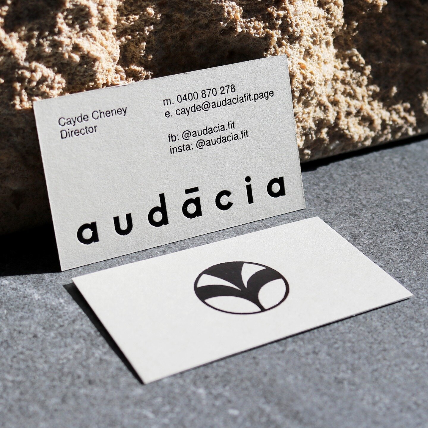 Clean and bold but natural business cards for @audacia.fit⁠
Grey textured card with gloss black foil. whats not to love?⁠
.⁠
.⁠
.⁠
Photography: @another_studio_ / @mariemacg⁠
Print Production: @stitch_press⁠
Paper: @spiceraus⁠
⁠
#collateral #print #b