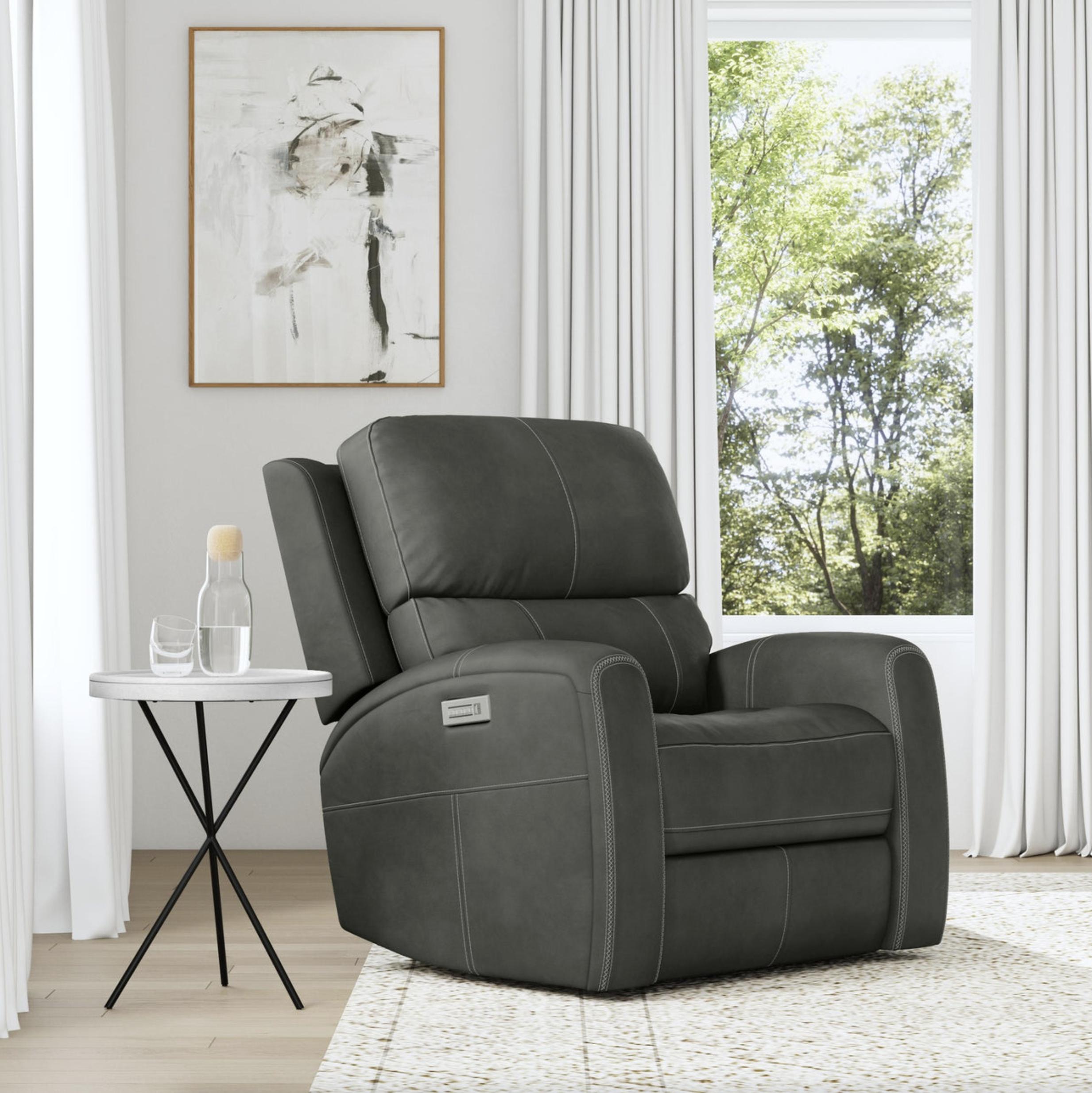 Linden Charcoal Leather Power Recliner with Power Headrest & Lumbar