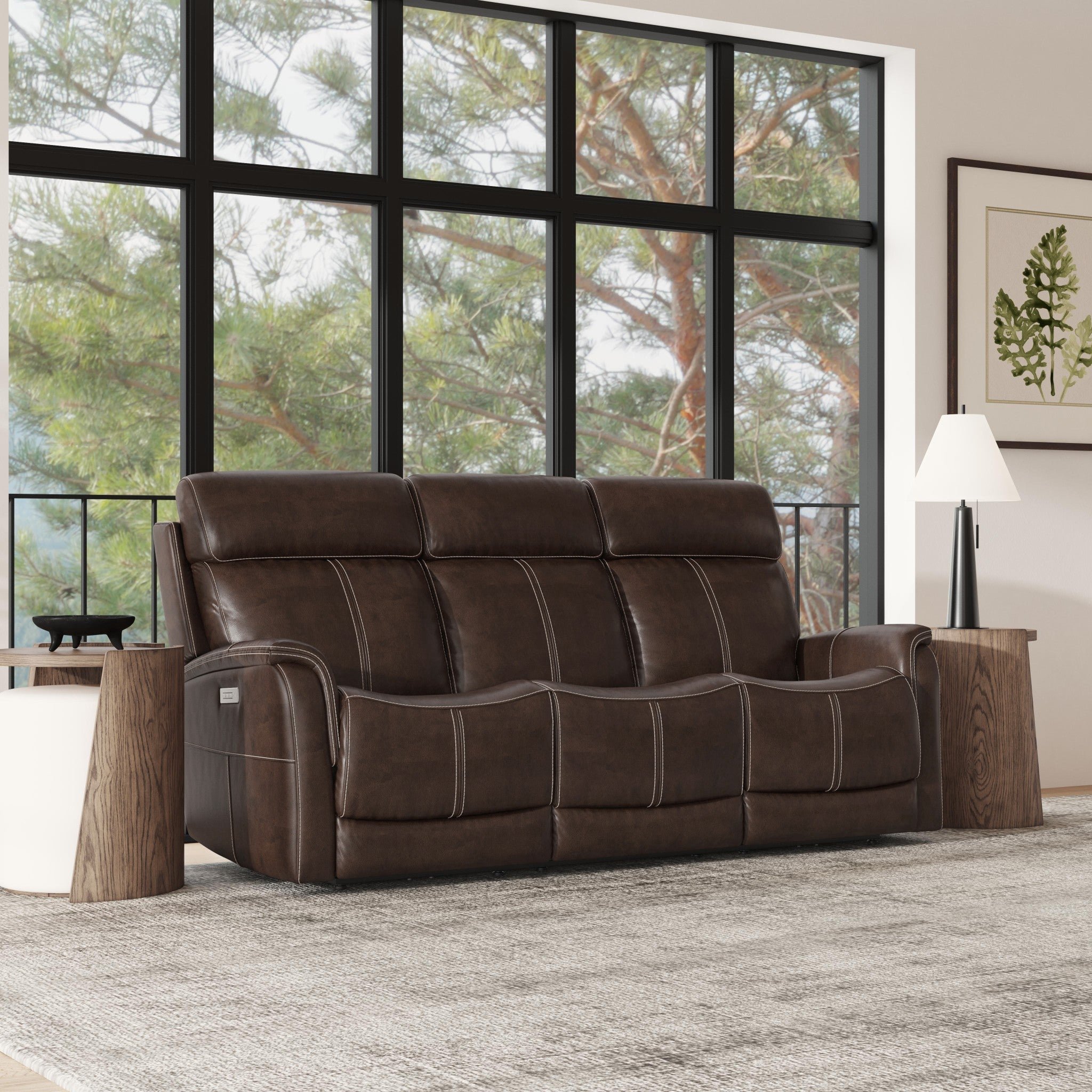 Chocolate View Power Reclining Sofa with Console, Power Headrest & Lumbar