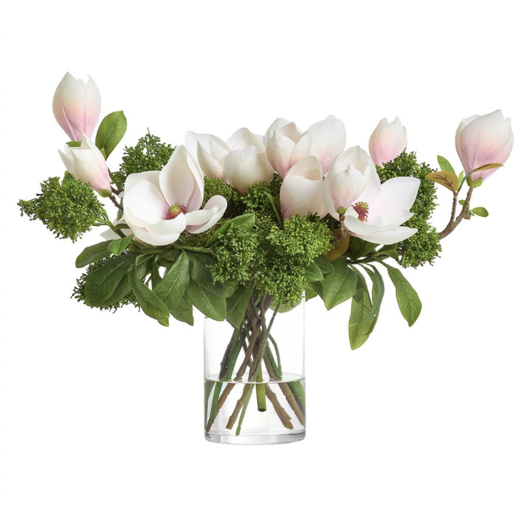 Magnolia/Sedum Arrangement in Glass Vase Pink Blush