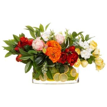 16" Ranunculus/Peony/
Lemon in Glass Vase
