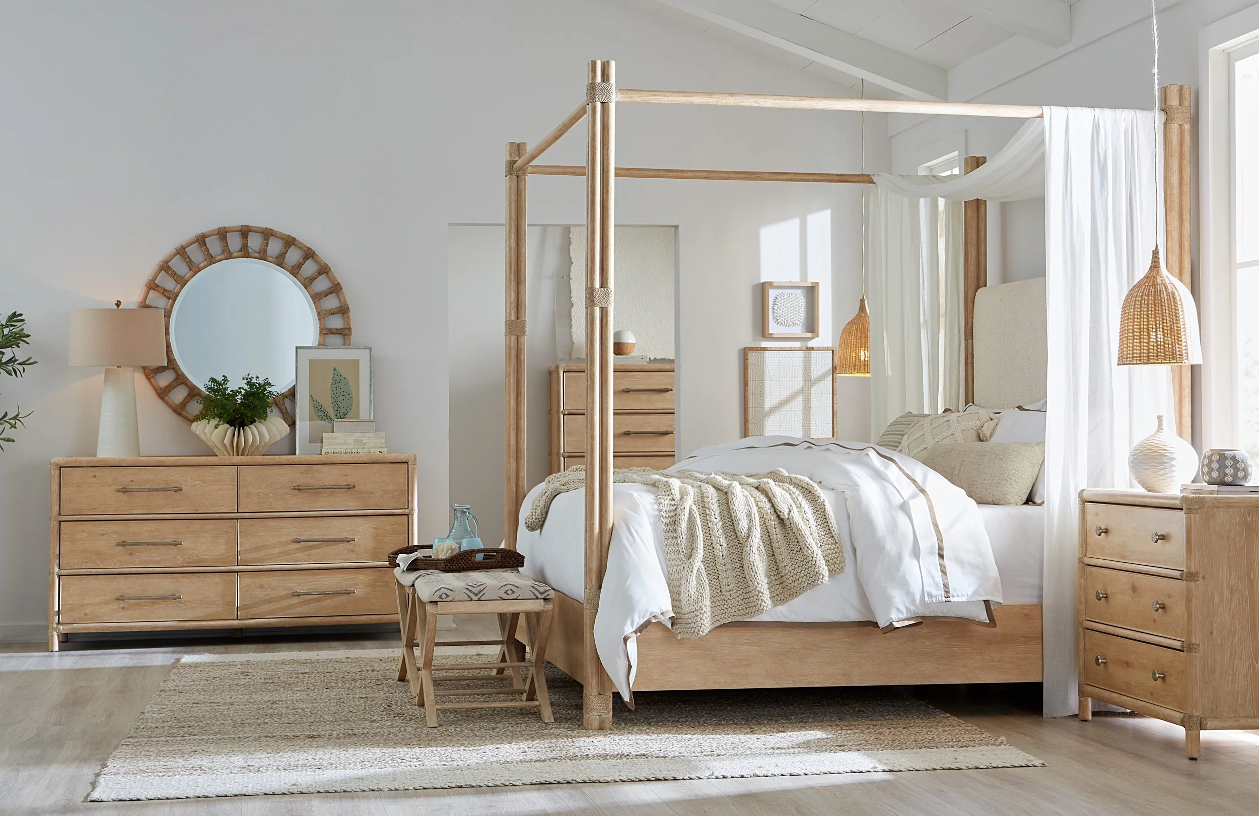 Retreat Black Sand Pole Rattan King Upholstered Bed With Canopy